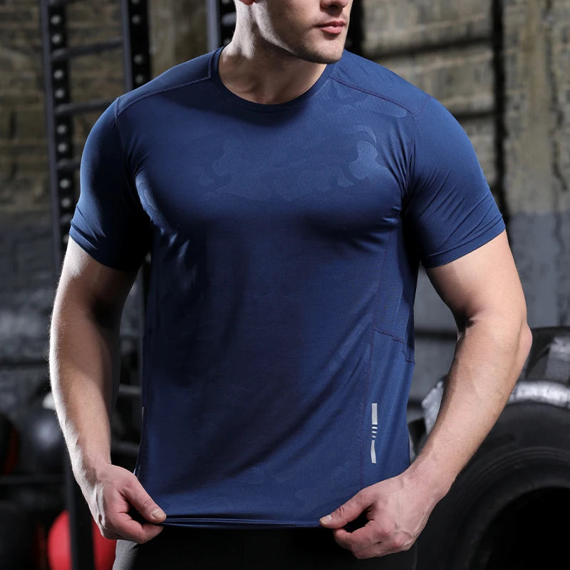 Dry Fit Men Running Shirt Tops Fitness Compression Gym Polyester Sports T-shirt Outdoor Workout Training Muscle Fit Clothing