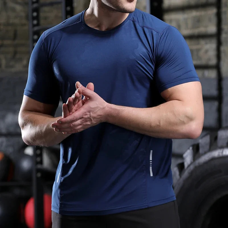 Dry Fit Men Running Shirt Tops Fitness Compression Gym Polyester Sports T-shirt Outdoor Workout Training Muscle Fit Clothing