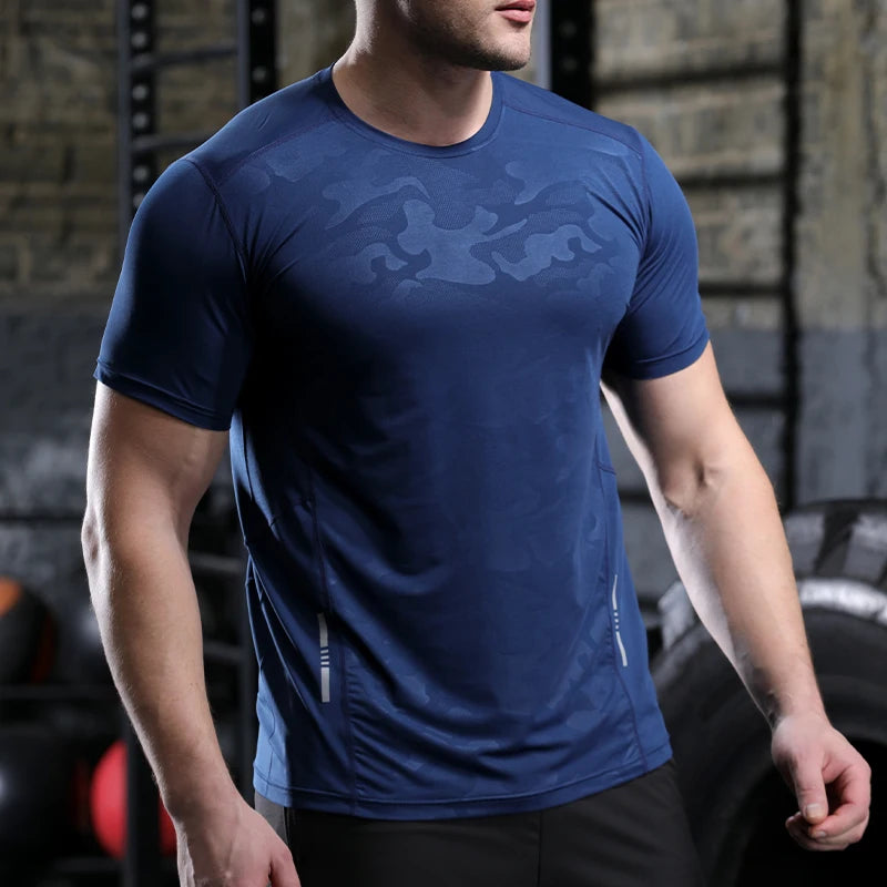 Dry Fit Men Running Shirt Tops Fitness Compression Gym Polyester Sports T-shirt Outdoor Workout Training Muscle Fit Clothing