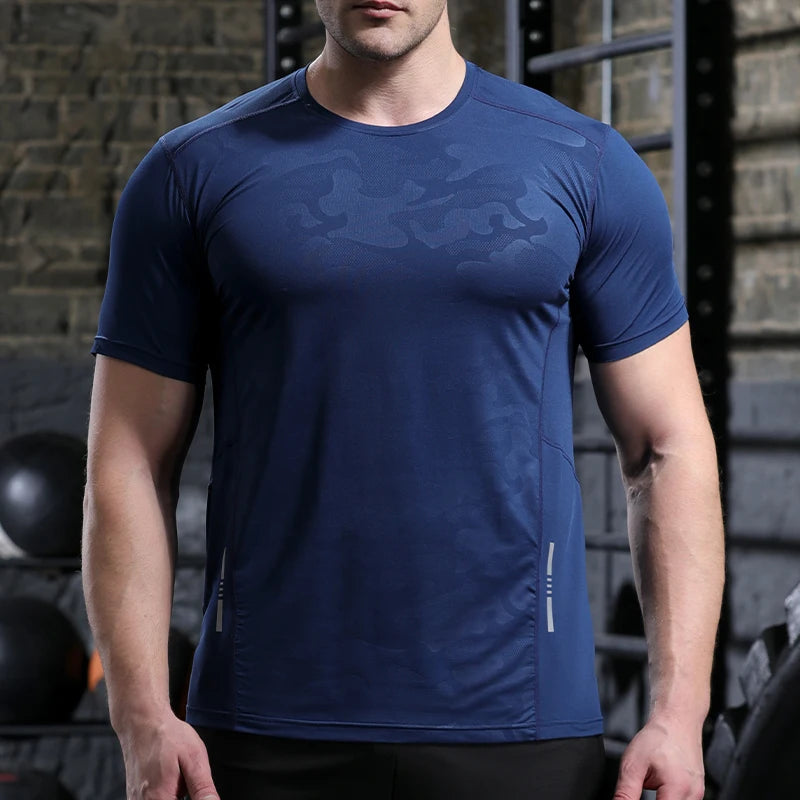 Dry Fit Men Running Shirt Tops Fitness Compression Gym Polyester Sports T-shirt Outdoor Workout Training Muscle Fit Clothing