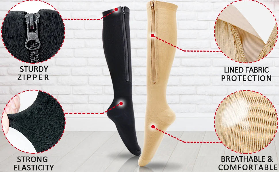 Brothock Medical Zipper Compression Socks Women Men High Elasticity Nylon Closed Toe Pressure Stocking for Edema Varicose Veins