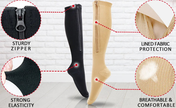 Brothock Medical Zipper Compression Socks Women Men High Elasticity Nylon Closed Toe Pressure Stocking for Edema Varicose Veins